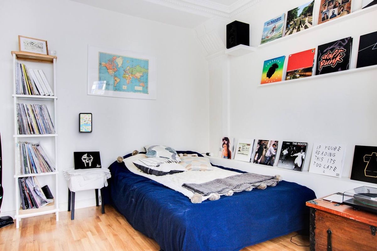 RentalOS kiosk in the bedroom next to the record shelves, showing the map