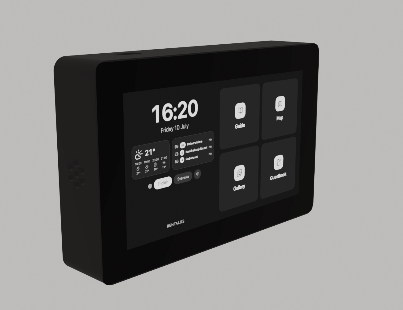 RentalOS enclosure shown in the selected finish — black glass front, coloured body