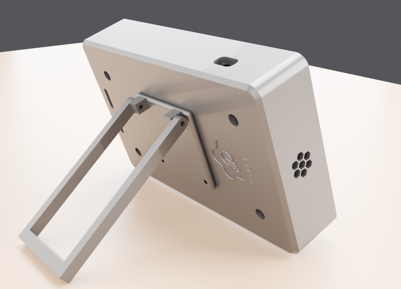 Back of the RentalOS enclosure with engraved logo and deployed stand leg