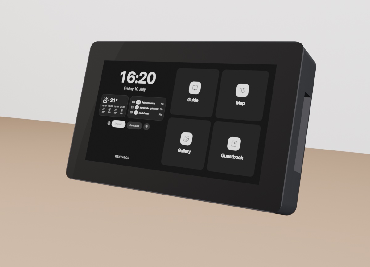The RentalOS kiosk standing on its foldable stand