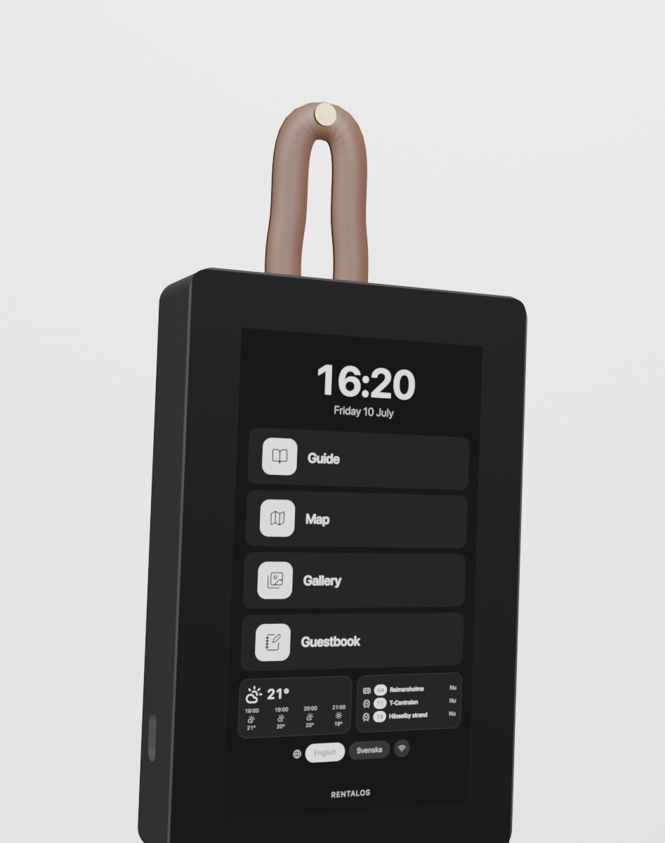 RentalOS kiosk hanging from a leather strap on a brass nail