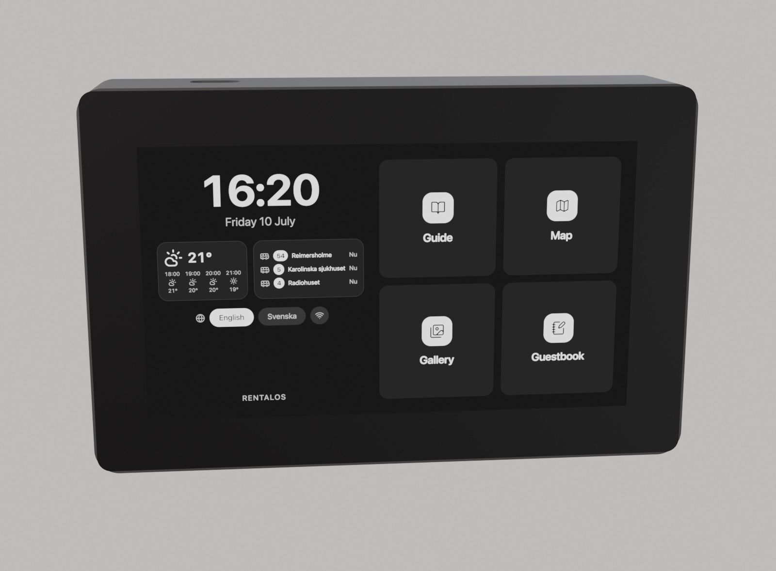 RentalOS kiosk in landscape — matte black enclosure with edge-to-edge black glass front