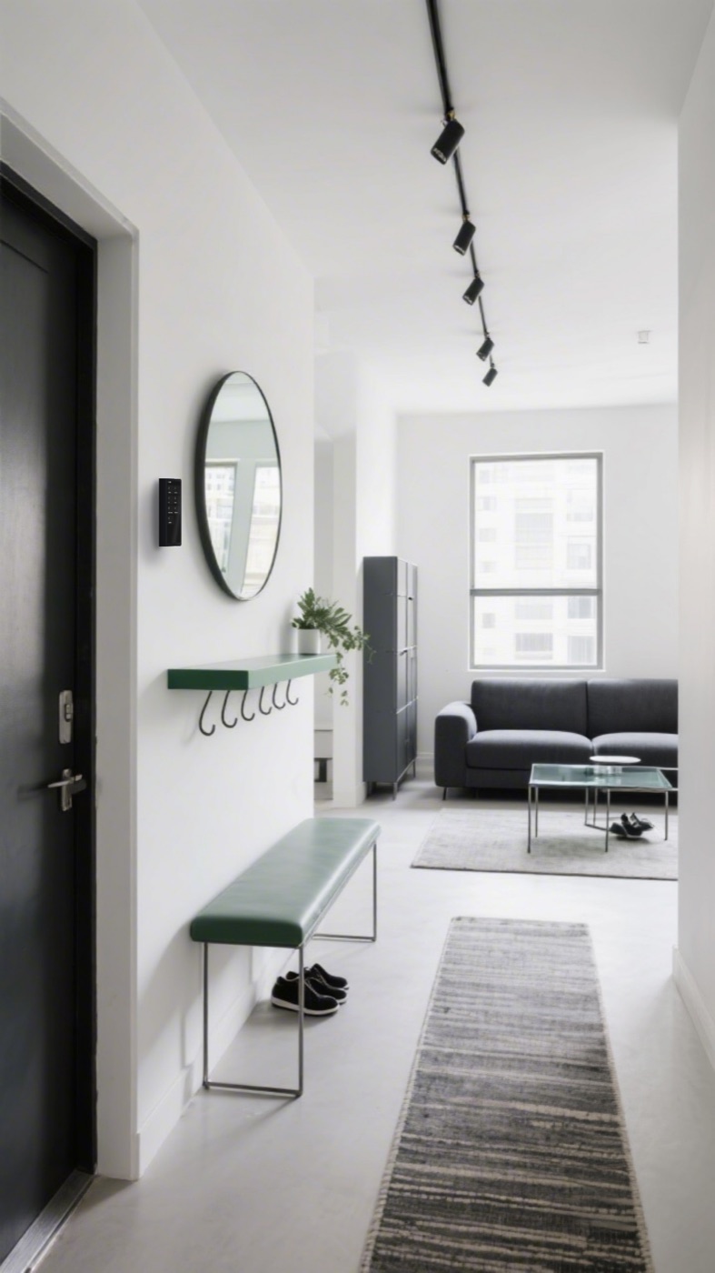 RentalOS kiosk by the front door of a minimalist white entryway