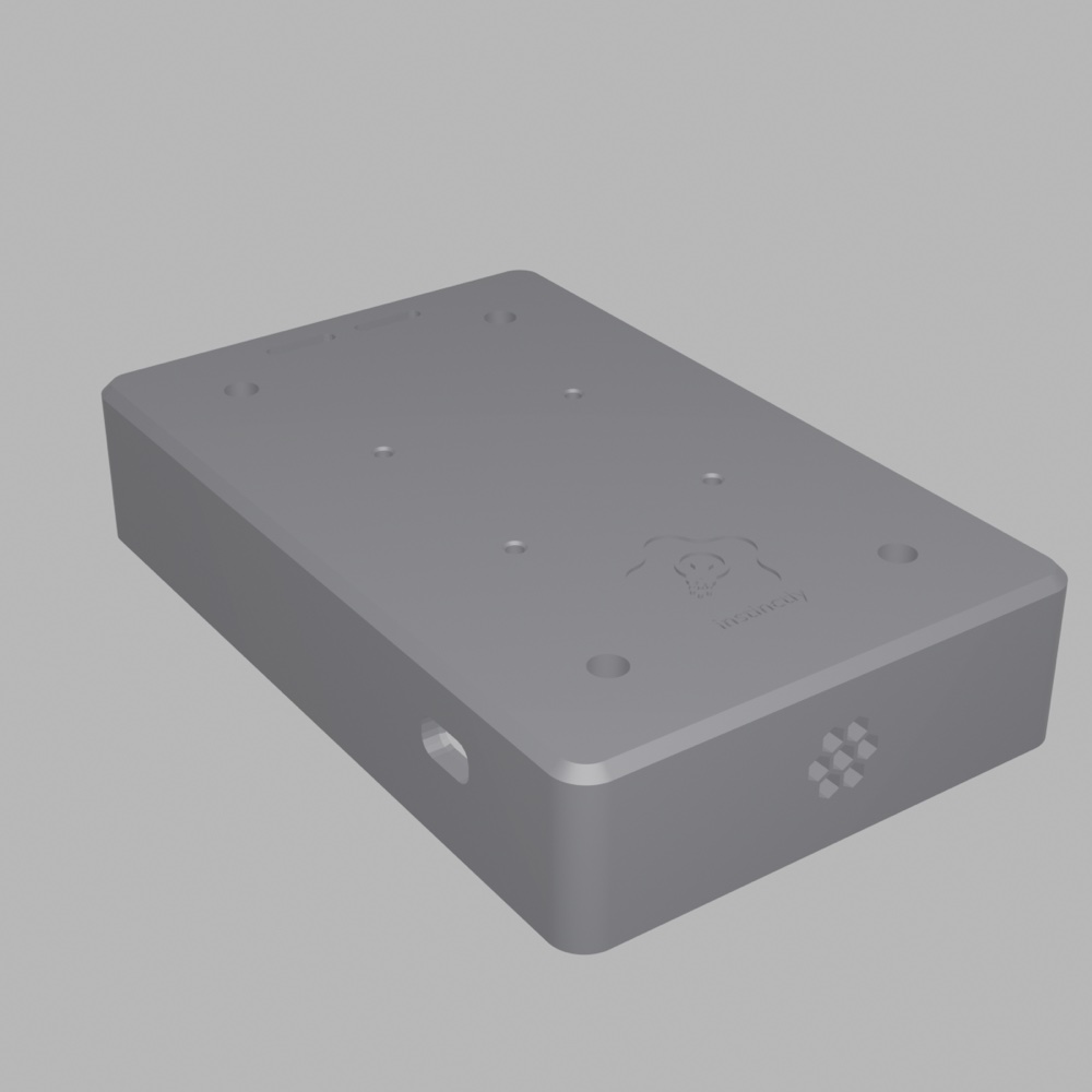 The 3D-printed RentalOS case, engraved logo on the back