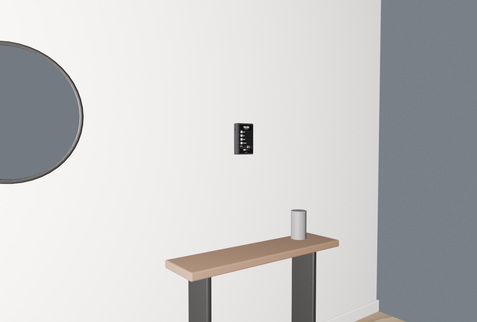 RentalOS kiosk mounted on a wall above a floating console in a light Scandinavian room, rendered in 3D