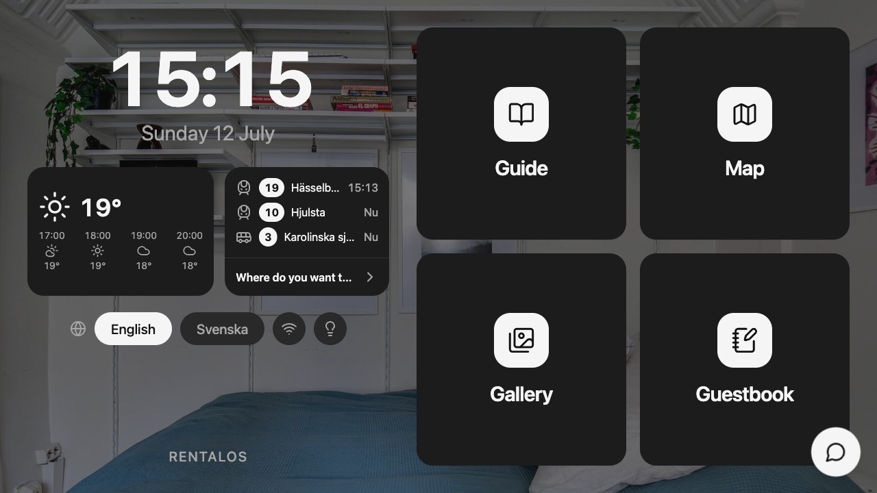 The RentalOS home screen guests see on the wall — clock, weather, live departures and tiles for guide, map, gallery and guestbook