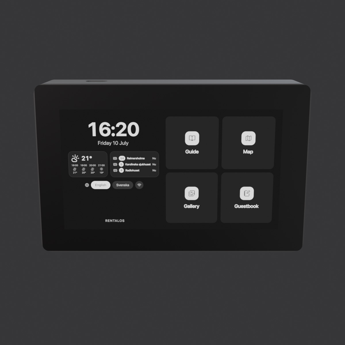 The RentalOS kiosk — a wall-mounted touch display in a 3D-printed enclosure, shown rotating to reveal every side